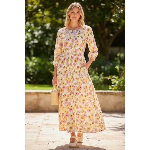 Sonnet James Dresses & Skirts - Sonnet James Floral Maxi Play Dress Yellow Pink 3/4 Sleeve Pockets Size S
